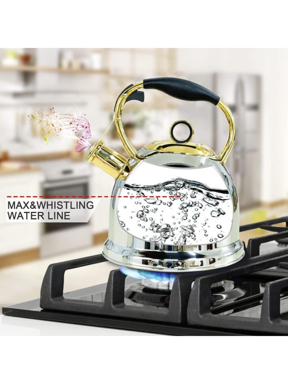 Gold Kitchen Whistling Tea Kettle 3.0 Quart Stainless Steel Stovetop Tea Pot - Picture 2 of 6